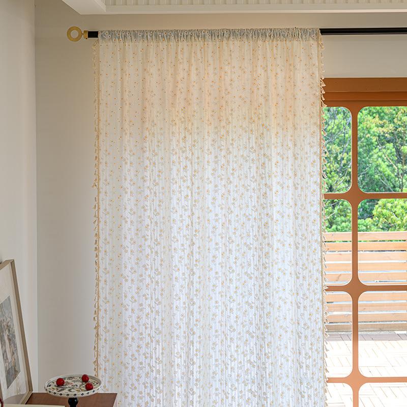 Floral Farmhouse Curtains Semi-Blackout Living Room Drapes Cotton Bohemian Window Curtain with Tassel, Rod Pocket, 1 Panel