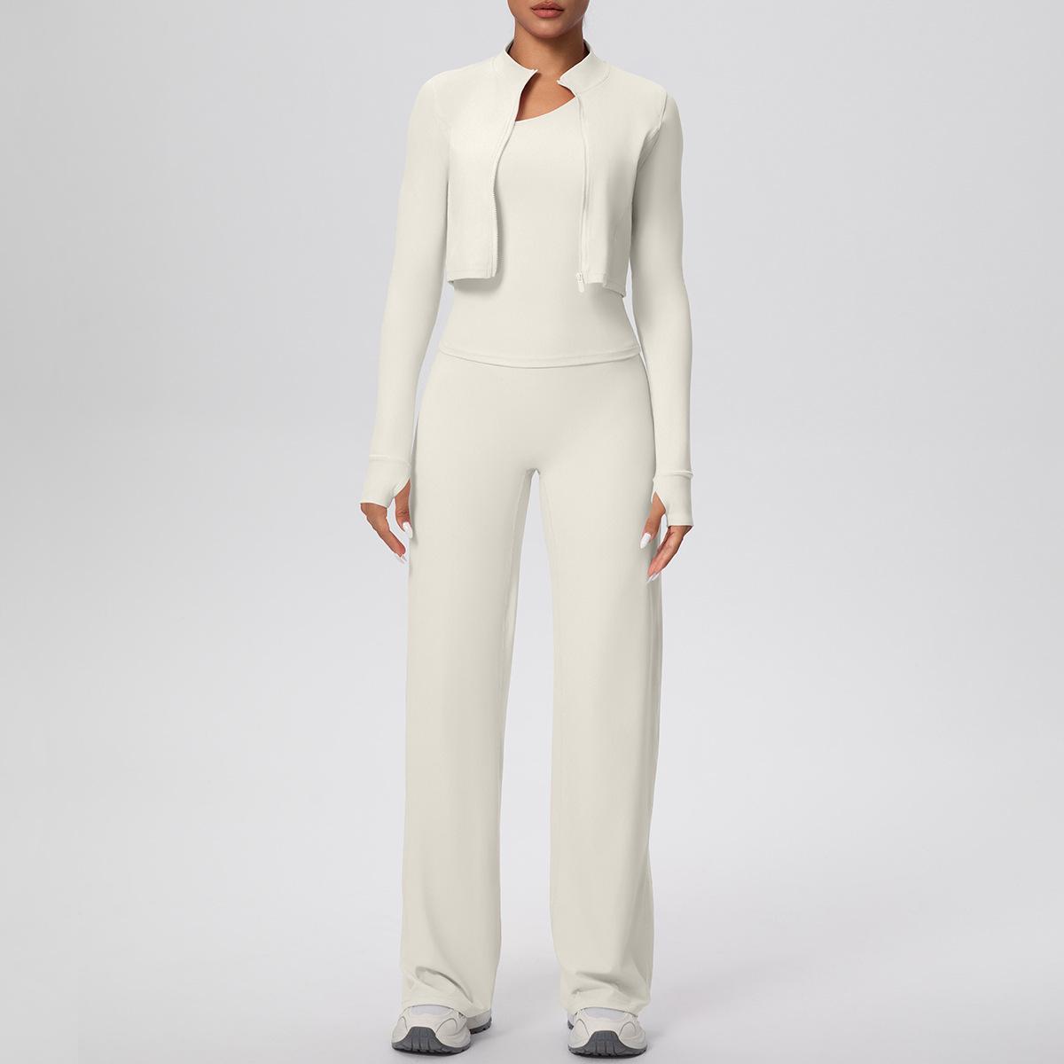 Облако-подобный набор для йоги из 3 предметов: Топ на одно плечо, Широкие брюки с высокой талией, Куртка на молнии Medium