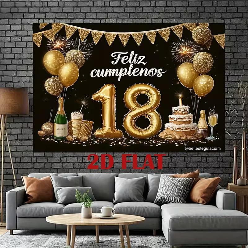 2D Black Gold 18th Birthday Photography Backdrop with Feliz Cumpleaños