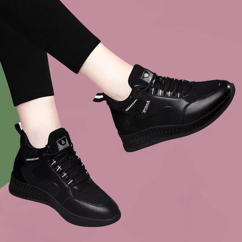 2025 Spring and Summer New Casual Women's Shoes Versatile Leather Surface Soft Bottom Mesh Surface Breathable Black Kitchen Work Mother Shoes
