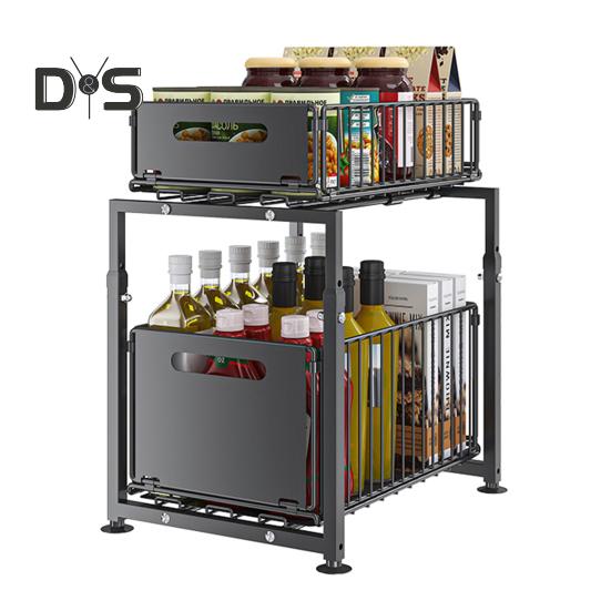 Kitchen Storage Rack Strong Load-bearing Large Capacity Adjustable Height 2-Tier Under-Sink Organizer with Pull-Out Drawers