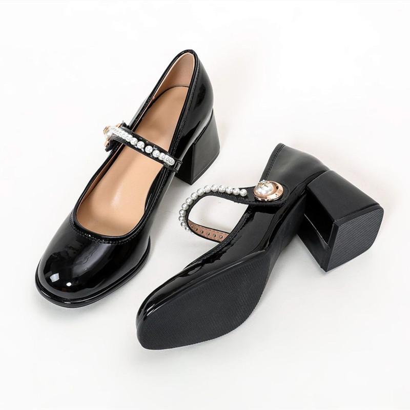 

Fashion High Quality Patent Leather Mary Jane Shoes for Women Pearl Decoration Chunky High Heel Pumps Elegant Party College Style Shoes 40 чёрный