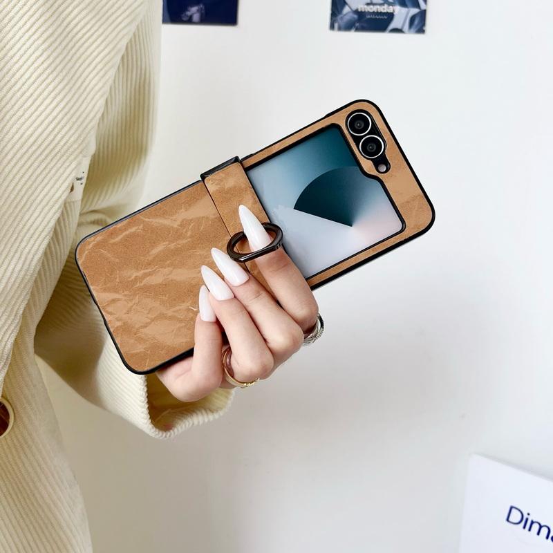 Vintage Marble Texture 2pcs Folding Case For Samsung Galaxy Z Flip6 Flip5 Flip4 Flip3 Solid Color Slim Shockproof Hard PC Ring Holder Phone Cover