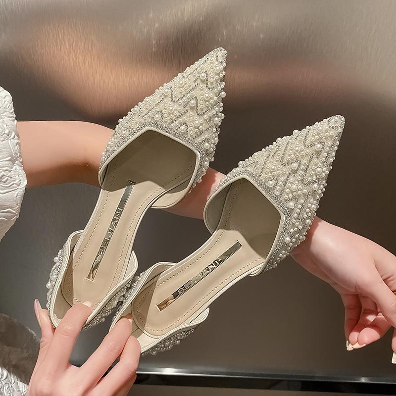 

Fashion French Crystal Diamond Pearl Wedding Shoes Bridesmaid Shoes High Heels Female Pointy Midheel Single Shoes Banquet Mouth 39 абрикосовый
