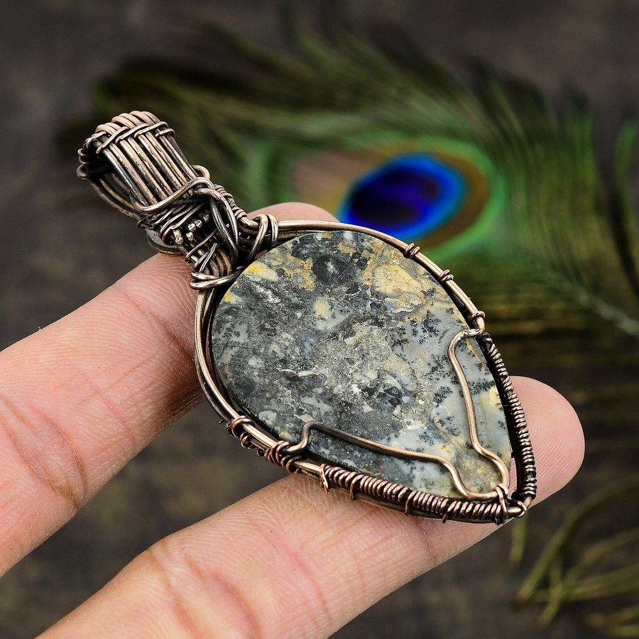 Natural Malinga Jasper, Moonstone Gemstone Copper Wire Wrap Pendant 2.84" m5U54