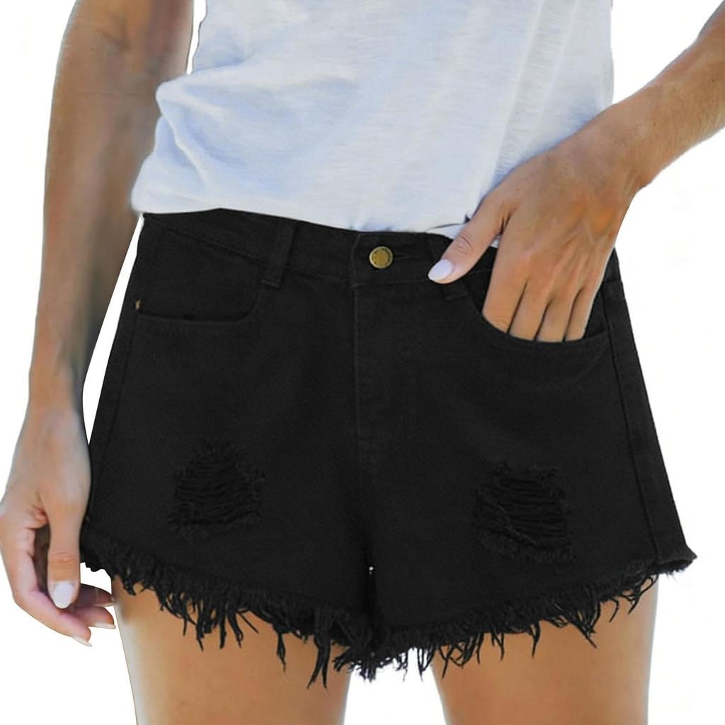 Women's Solid Denim Shorts High Waist Casual Jean Shorts with Frayed Hem and Distressed Detail Non-Stretch Fabric Summer Bottoms