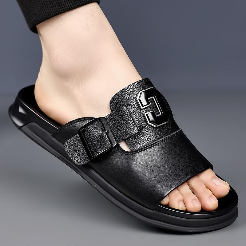 Fashion Men Outwear Genuine Leather Slippers for Men Fashion Buckle Designer Summer Flip-flops Male Casual Non-slip Beach Shoes Man