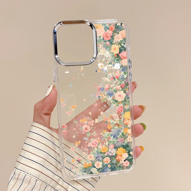 Luxury Garden Flower Case For iPhone 15 Pro Max Coque iPhone 11 12 13 14 16 Pro Max Plating Lens Clear Soft Silicone Back Cover