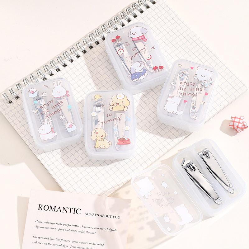 Cartoon Print Nail Clipper Set: Stainless Steel, Curved & Angled Edges for Manicure & Pedicure.