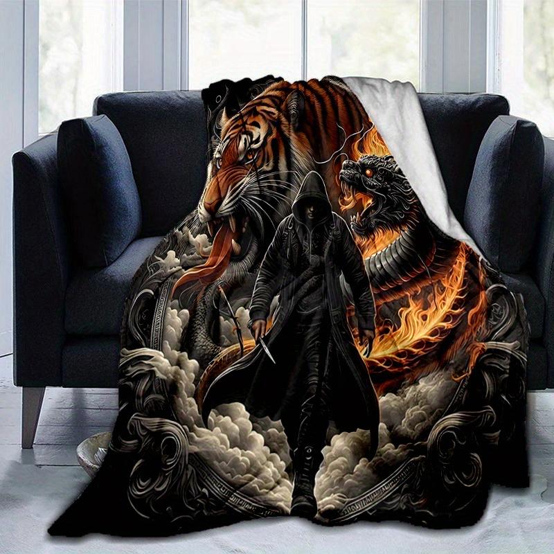 1pc Tiger and Dragon in Fiery Clouds Blanket  Seasonal Home Decorative Throw, Unique Gift Idea, Living Room, Travel, Camping, Car Blankets