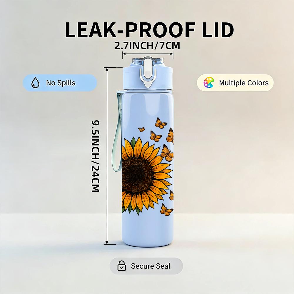 1PC Single Sunflower Bloom 750ml Color Plastic Sports Water Bottle Leakproof Flip Straw Lid For Sports Office Home Use