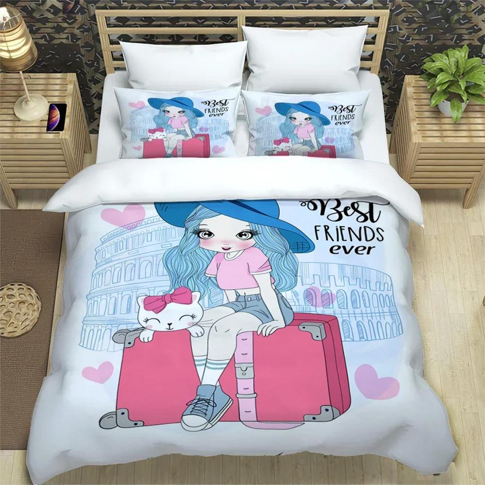 Cartoon Girl Art Print Xxl Three Piece Bedding Set  Article Children Or Adults For Beds Quilt Covers Pillowcases Bedding Set