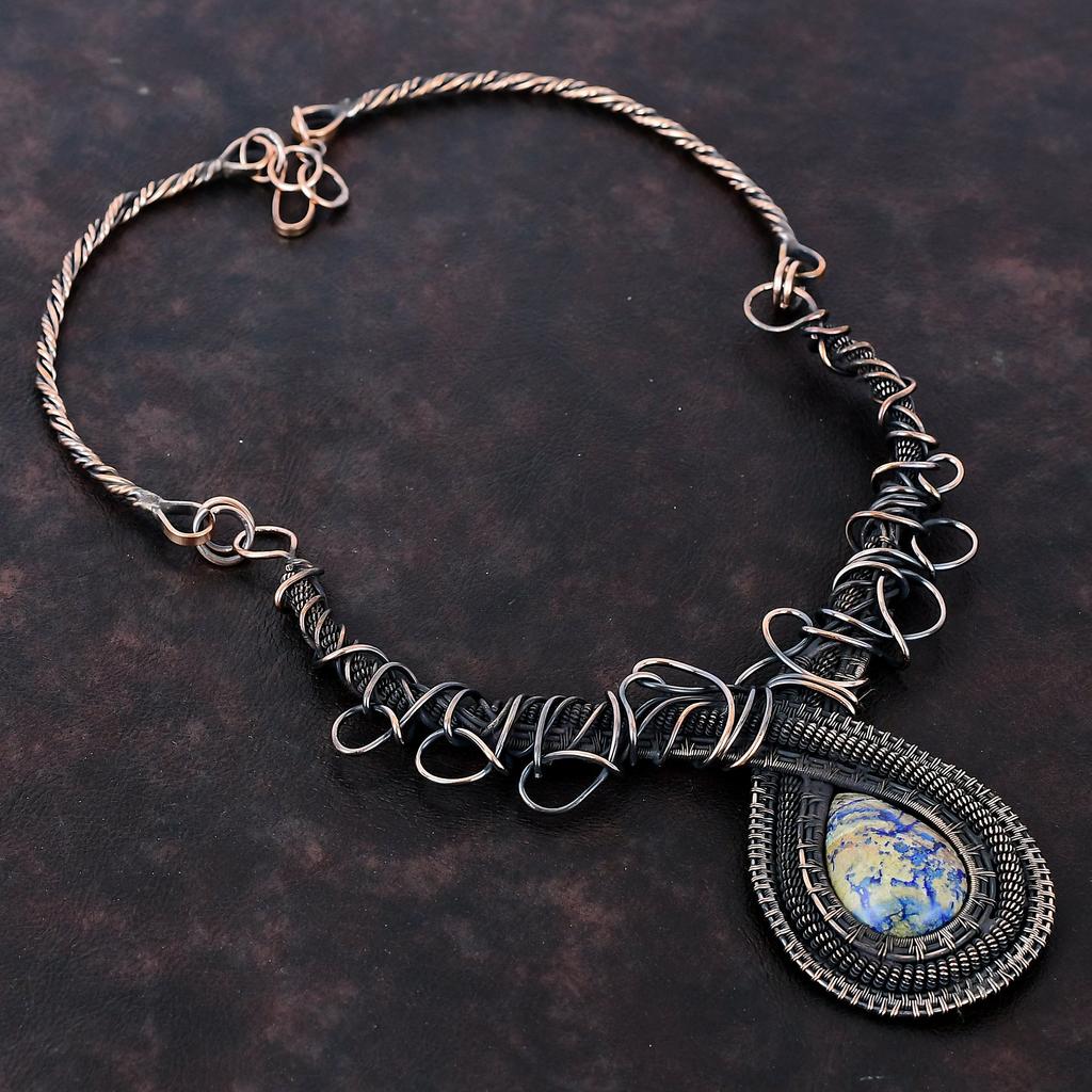 Azurit Malachit Halskette Kupferdraht umwickelt Verstellbare Halskette Kupferschmuck Edelsteinkette zum Geschenk Handgefertigt Drahtumwickelter Schmuck