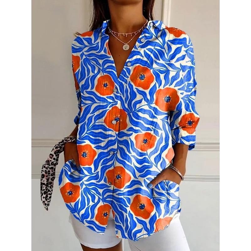 Women's Shirts Floral Active Stylish Buttons Blouse Lapel Neck Blouse Womens Long Sleeve Shirts Womens Clothing Female Clothing