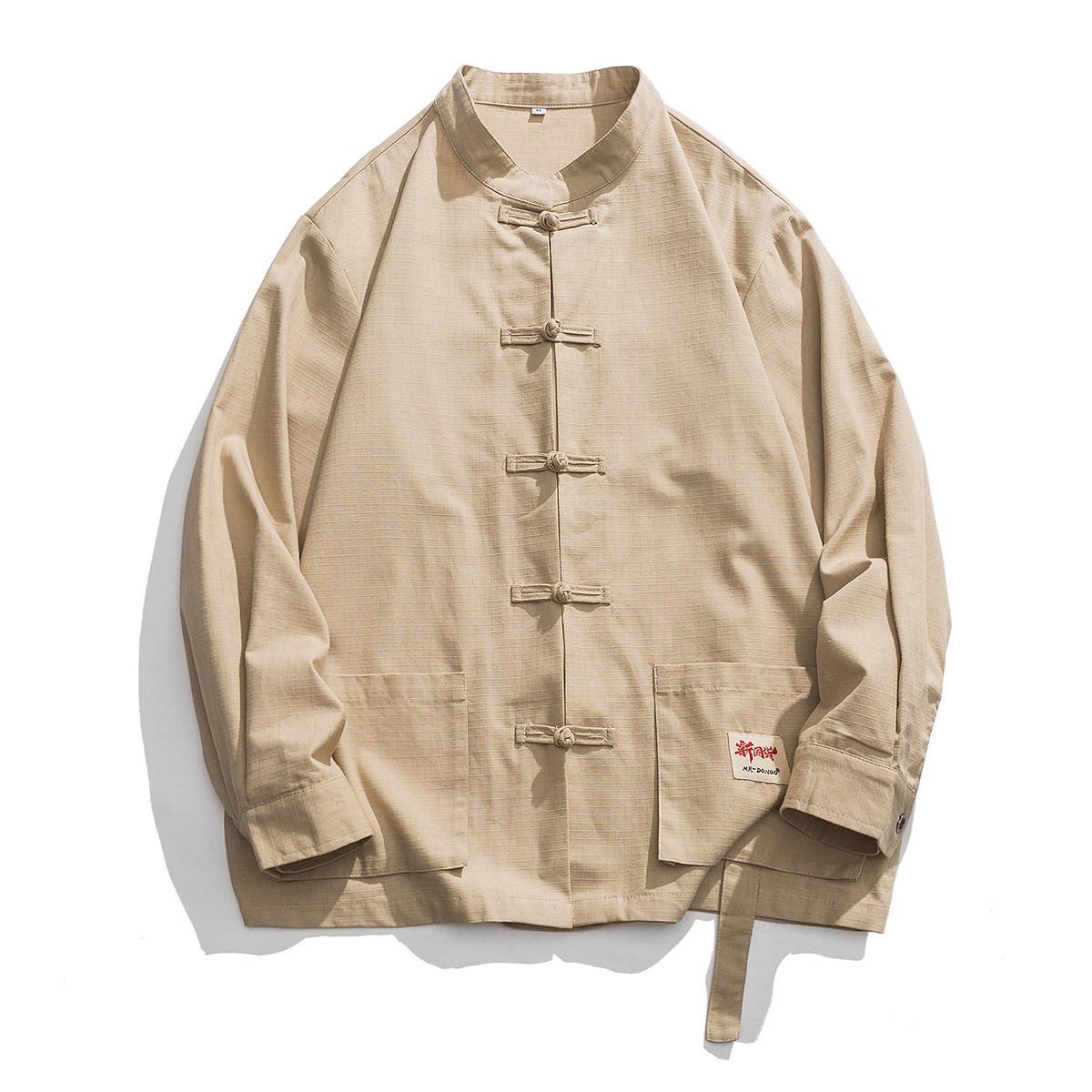 

2025 Autumn Chinese Hanfu Tang Suit Stand Collar Cotton Workwear Long Sleeve Shirt Jacket XL