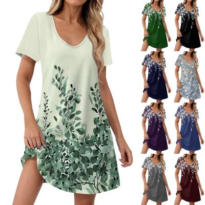 Women's Fashion Casual Printed With Pockets Bohemian Beach V-Neck Short Sleeve Dresses