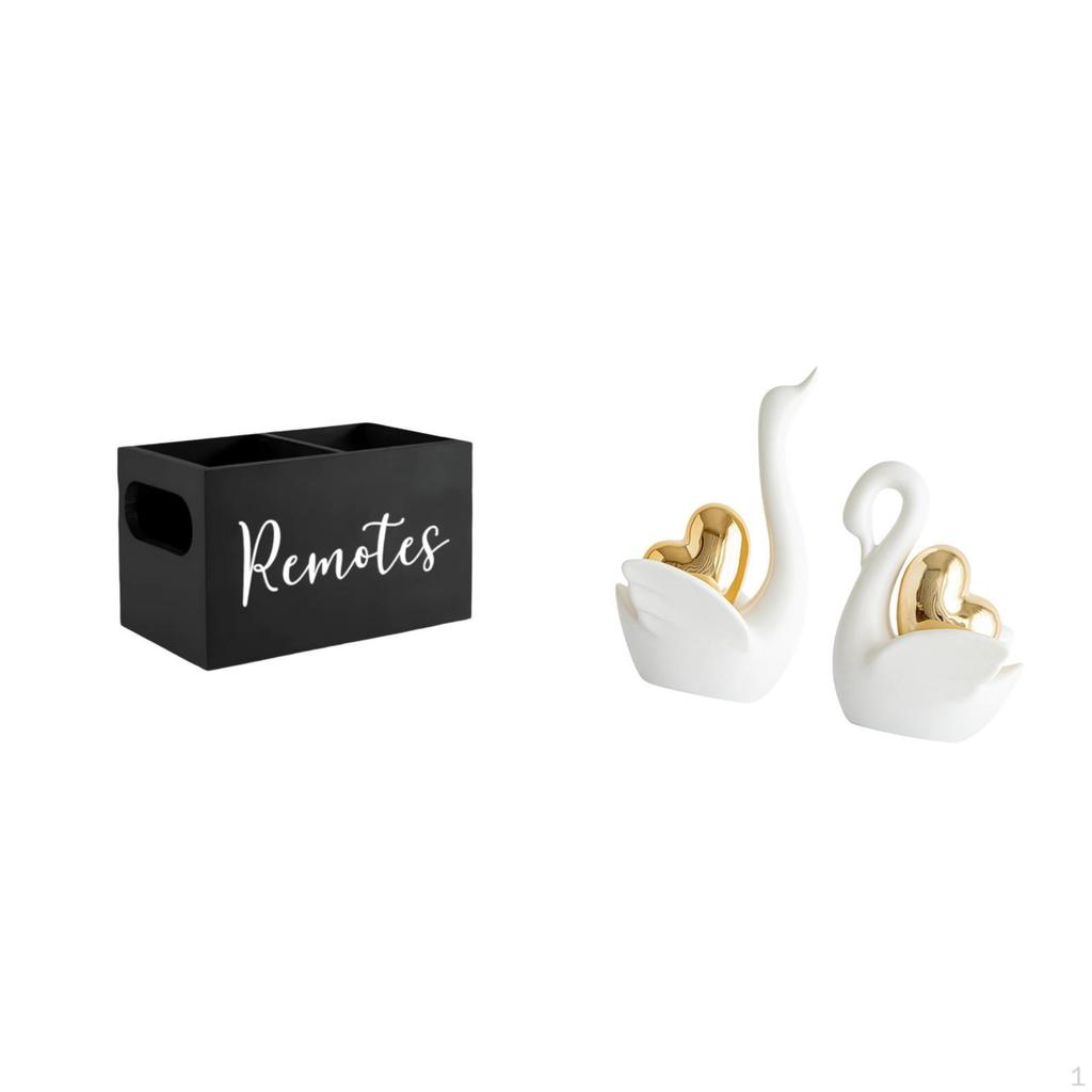 Retro Wooden Remote Organizer And Swan Figurines Set for Table Nightstand Couch Office Bookshelf
