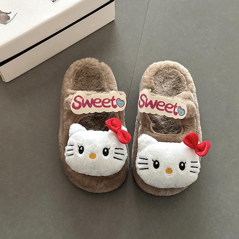 Cartoon Hello Kitty thick-soled warm fluffy shoes for women's 2025 autumn and winter new fashionable retro Velcro bag head slippers