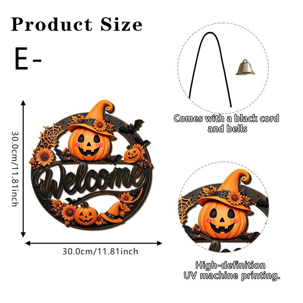 Halloween Wooden Welcome Sign with Design - Door Hanger Wall Decor with Bell for Party, 1212 Inches