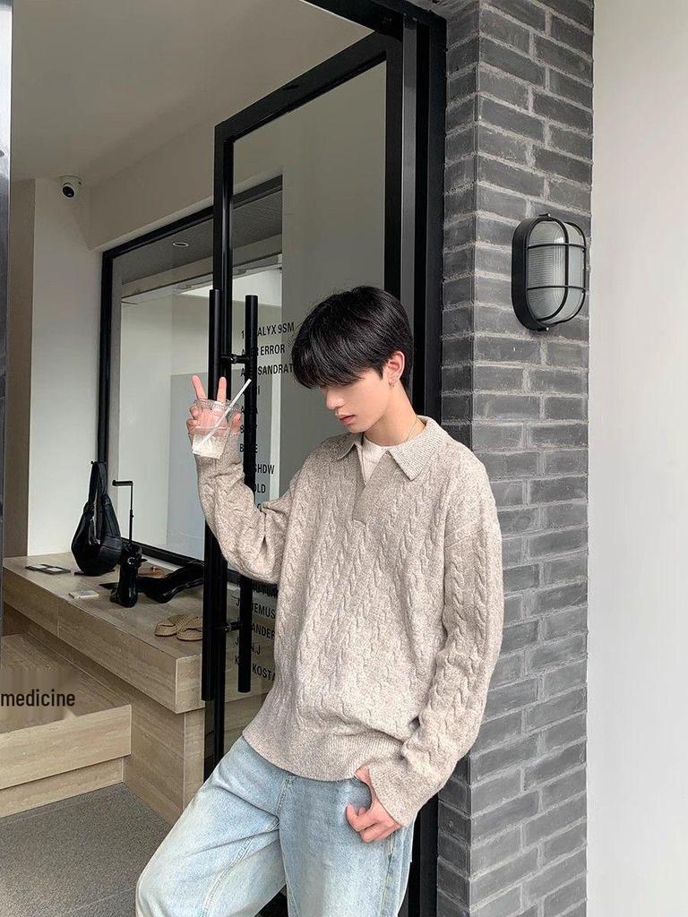Men's Korean Style Two-Piece Lapel Pullover Knit Sweater - Winter Loose Fit, Casual Outerwear