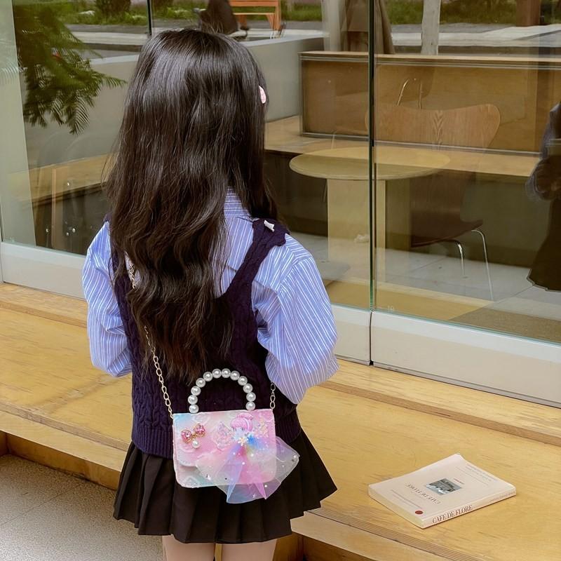 Adorable Butterfly Knot Design Children's Handbag Stylish Pearl Handle For Kids