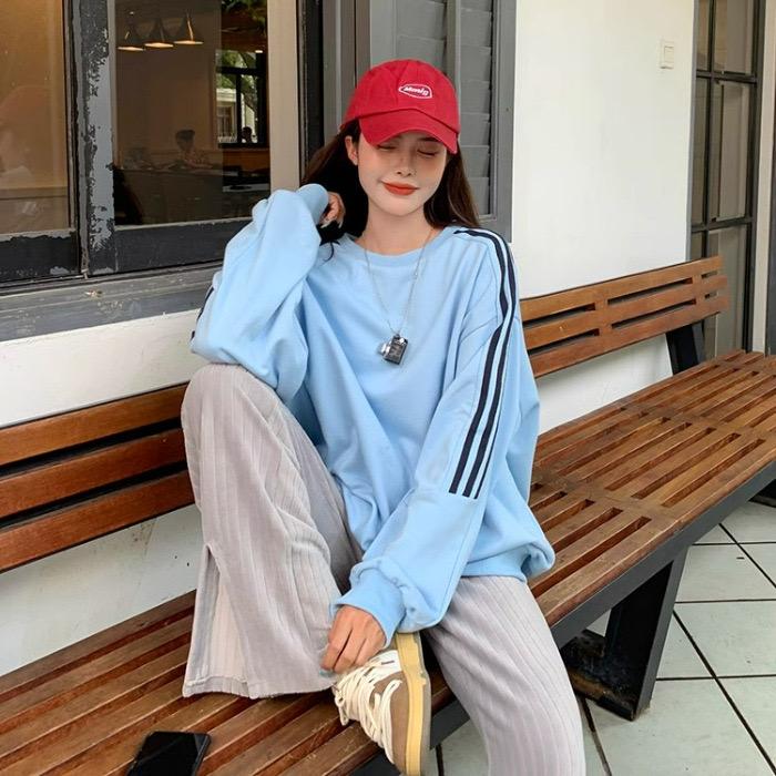 

Осенне-зимняя толстовка женская свободная полосатая сращивающаяся с длинным рукавом повседневная универсальная женская зимняя одежда женская L синий