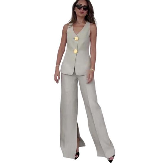 

2 шт./комплект женский жилет брюки костюм V-образный вырез застегивается на пуговицы без рукавов топ широкие свободные брюки формальный деловой стиль пригородный наряд M серый