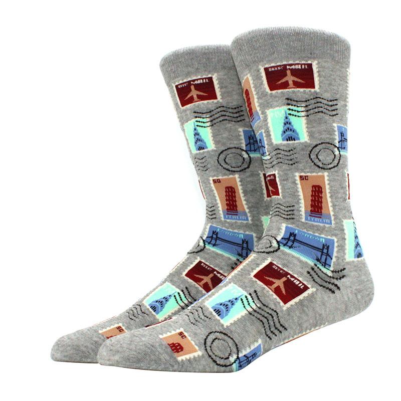 Roliga glada herrstrumpor med grafisk design, kammad bomull, omelett, groda, galen klocka, lax, majs, fågel, fisk, strumpa, julklapp