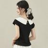 Women's Peter Pan Collar Contrast Color T-Shirt Slim Fit Short Sleeve Knit Top