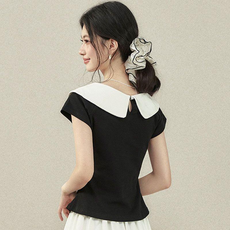 Women's Peter Pan Collar Contrast Color T-Shirt Slim Fit Short Sleeve Knit Top