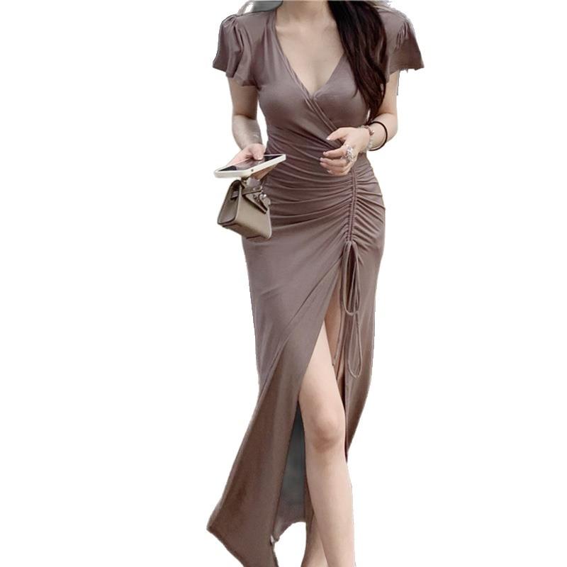 Pleated v-neck dress summer new waist thin drawstring sexy split fork foreign style hip wrap long skirt