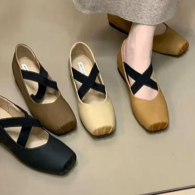 2025 New Retro Style Cross Band Ballet Shoes Women's Head Pig Nose Shallow Mouth Inner Height Increase Mary Jane Shoes Women