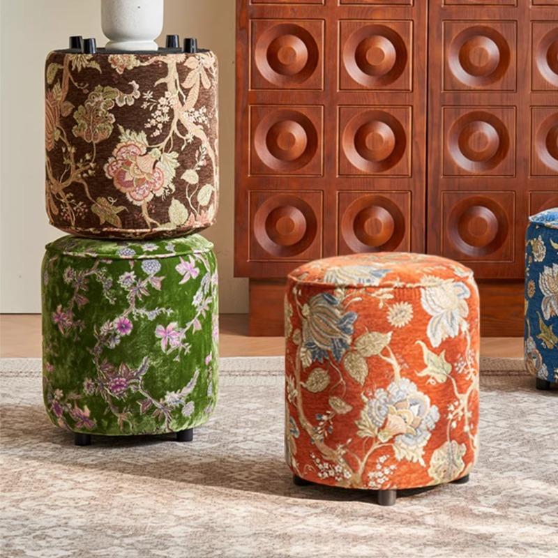 New Chinese Style Round Stool, Fabric Comfortable Footstool for Entryway Shoe Changing & Bedroom, Stylish Home Decor Accent