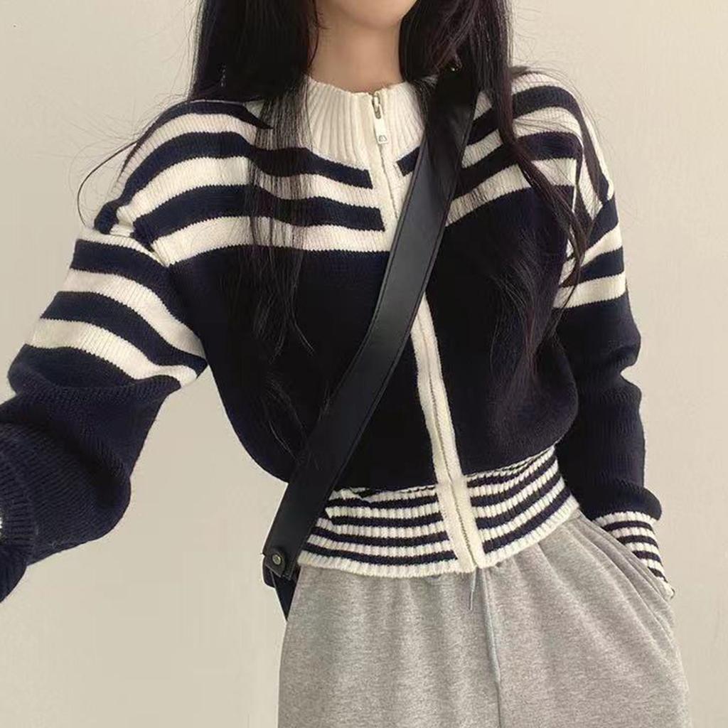 Korean Chic Autumn French Retro Zipper Stand Up Collar Waist Cinching Short Style Long Sleeved Striped Knit Sweater Jacket for Women