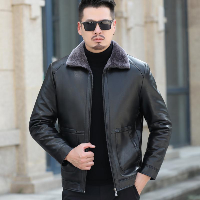 Зимняя мужская мотоциклетная кожаная куртка большого размера из овчины — фото 3