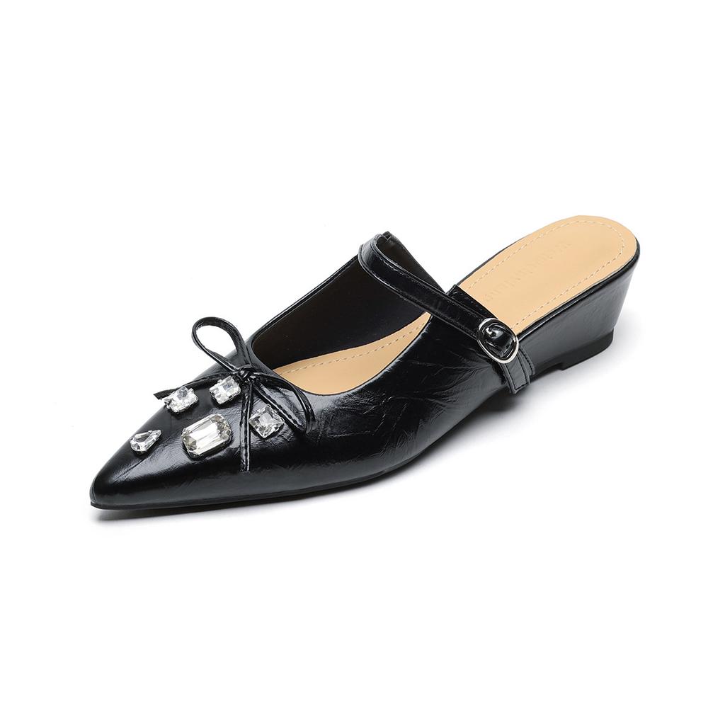 Weiwei Girl 966-2 French Pointed Sandals Woman One Word with Platform Bow Rhinestone Bag Head Half Slippers Woman