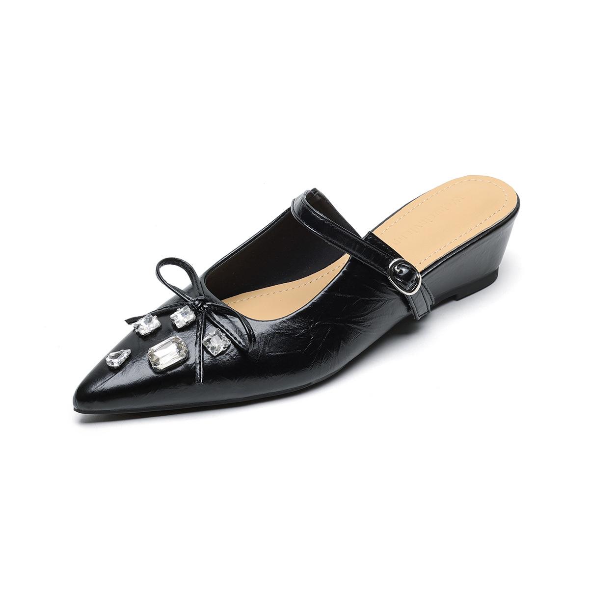 

Женские остроносые сандалии на толстой подошве с бантом, со стразами, с сумкой-головкой, полушлепанцы женские 42 чёрный