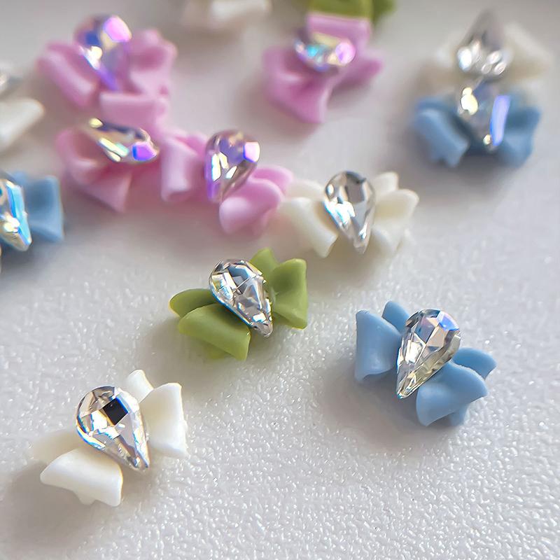 5 Pcs 3D Resin Nail Art Bow Charms With Teardrop Rhinestone Crystal Diamond Accessories Nails Decoration Supplies Material