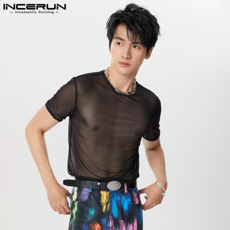 

INCERUN Мужские сетчатые прозрачные топы с коротким рукавом для пляжной вечеринки, прозрачные футболки чёрный