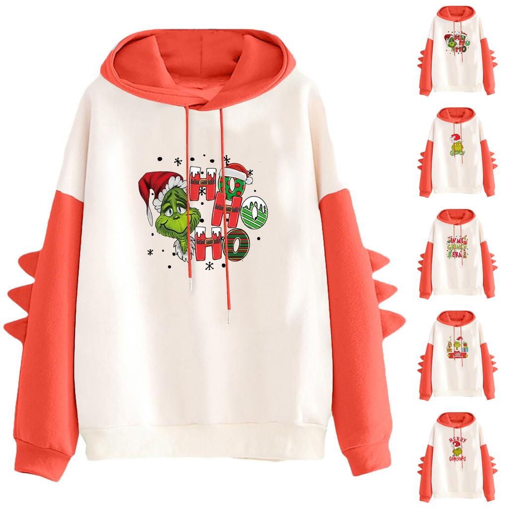 Hettegenser for kvinner med trykk og kontrasterende dinosaurmotiv, løs og avslappet passform