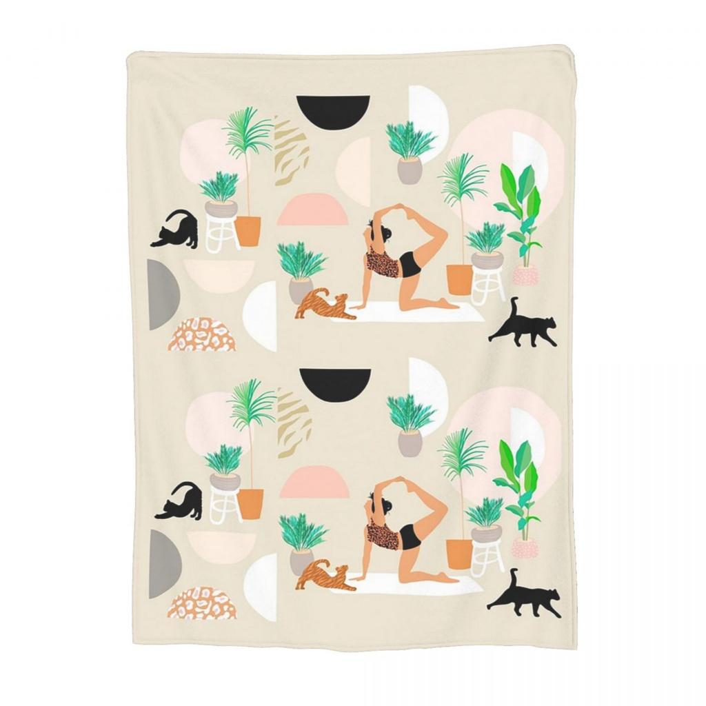 Mid Century Modern Yoga Pattern With Cats Blankets Soft Warm Flannel Throw Blanket Plush for Bed Living room Picnic Travel Home