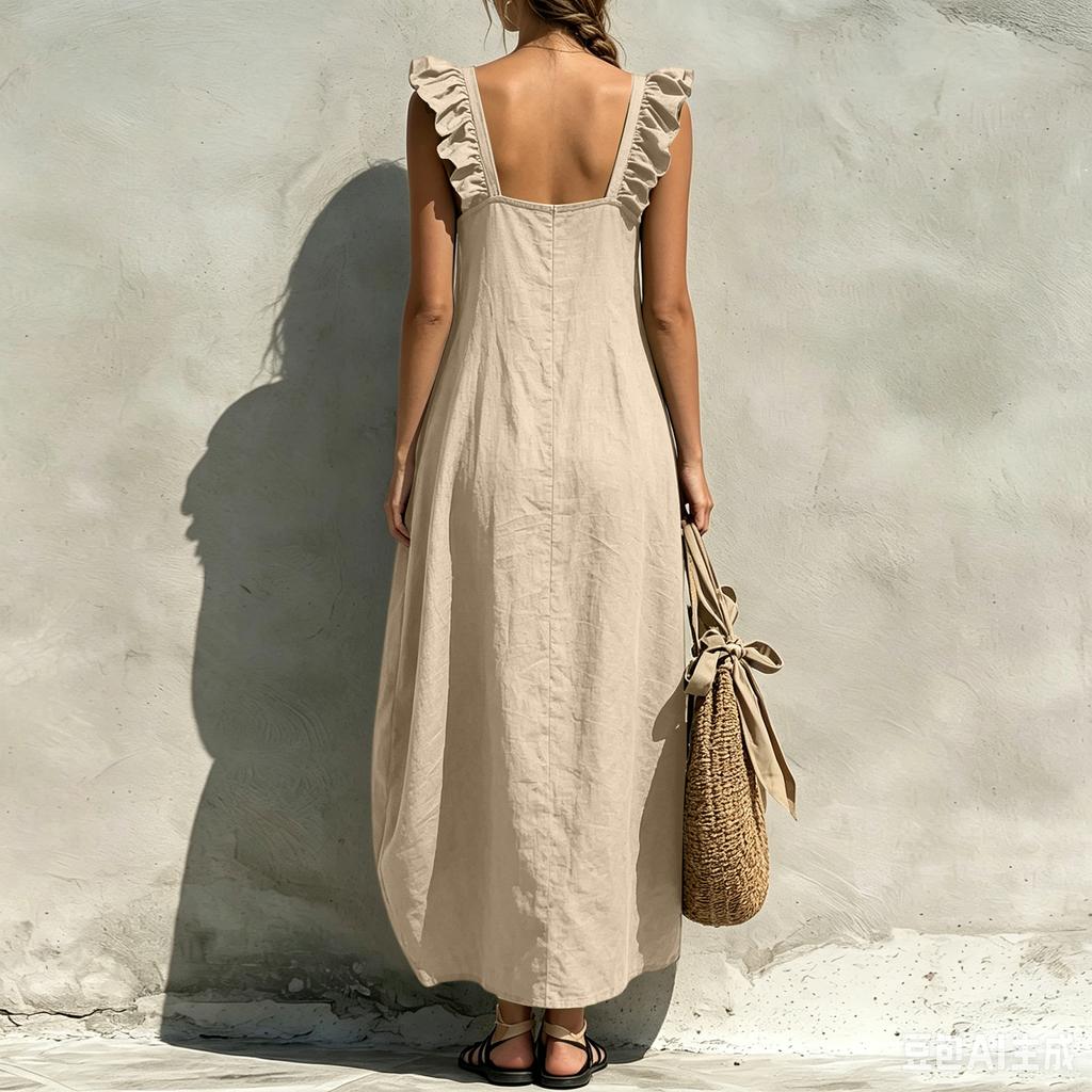 Sleeveless Square Neck Ruffle Strap Maxi Dress Loose Fit Casual Lightweight Summer Dress for Women Beachwear
