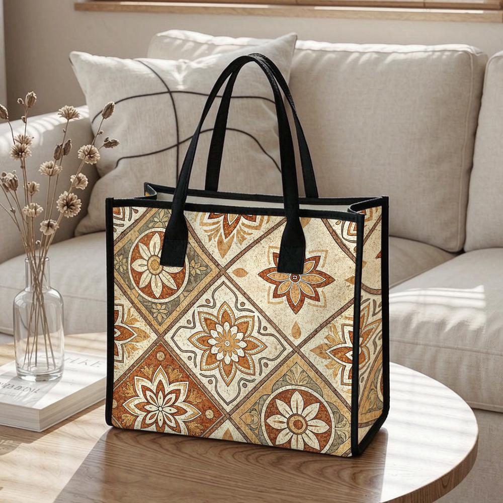 Vintage Floral Pattern Tote Bag Large Capacity Casual Portable Daily Use Shoulder Bag for Shopping Work Travel