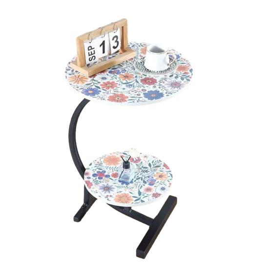 C-shaped Side Table with Floral Tabletop Metal Frame Office Living Room Bedroom