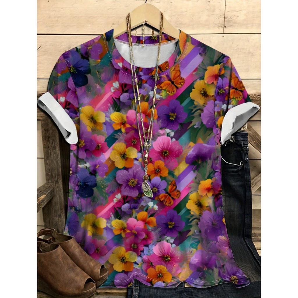 Letní dámské tričko s kulatým výstřihem, 3D potiskem květinového vzoru, módní, ležérní, barevné, s krátkým rukávem