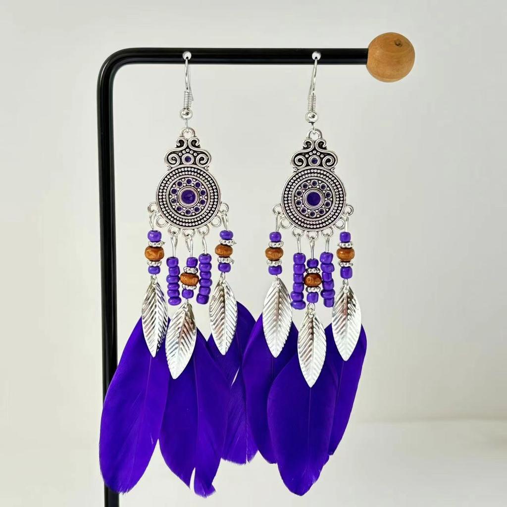 Vintage Bohemian Feather Tassel Earrings Exaggerated Ethnic Vacation Dangle Ear Jewelry Fashion Accessories For Women