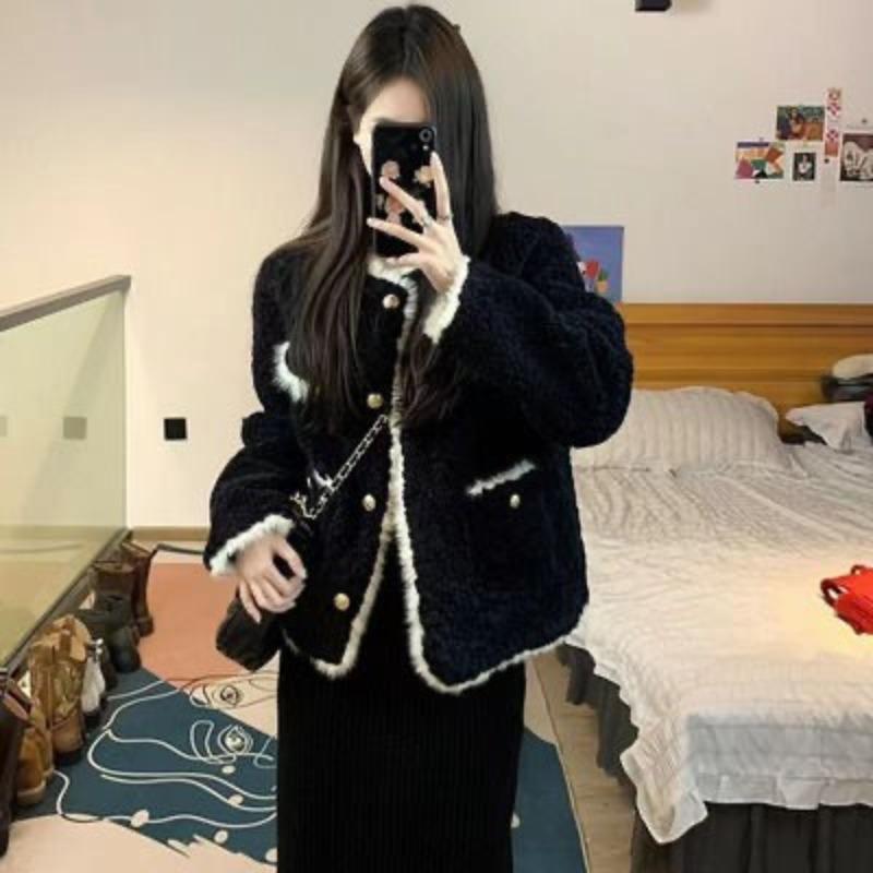 

Пальто Xiaoxiangfeng женское осенне-зимнее новое цельное из плюшевого меха ягненка с утолщенным черным мехом сверху, короткий фасон XL