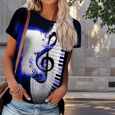 Women Summer T Shirt Piano Keyboard Print Retro Fashion Short Sleeve Tees Casual   Printed  Tops