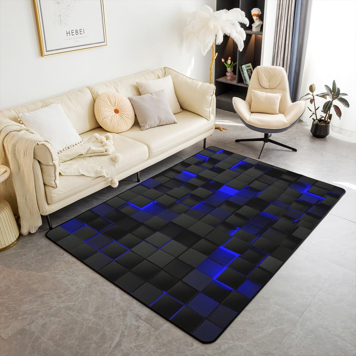 

Erosebridal Teen Boy Geometric Rug 3x5 Black Navy Royal Blue Kids Area Rug,Neon Abstract Stereoscopic Check Grid Carpet Square Plaid Decorat 160cm x 200cm