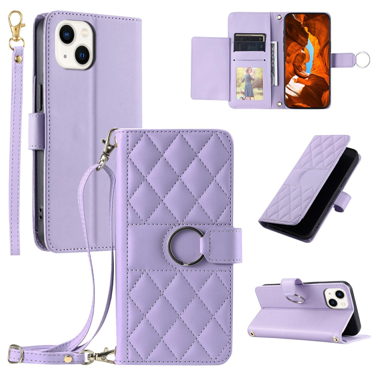 

For iPhone 15 Crossbody Leather Case Ring Buckle Wallet Stand Rhombus Mobile Cover Purple